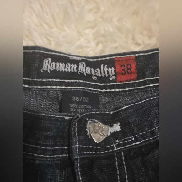ROMAN ROYALTY Men's darkwash distressed 100% Cotton Baggy Jean Sz. 38x32 EUC - Picture 2 of 6